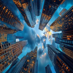 Dramatic Aerial View of Skyscrapers Under a Cloudy Blue Sky