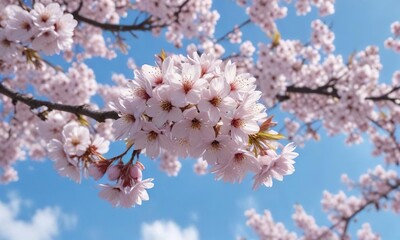Fototapeta premium Delicate cherry blossoms in full bloom against a bright blue sky, spring garden, blossom branches, blossom stem