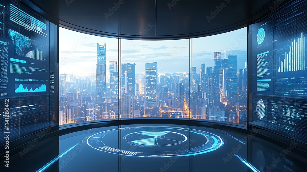 Poster futuristic control room overlooking a city skyline with holographic displays showing data.
