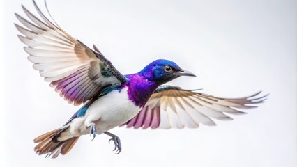 Vibrant Purple and Blue Bird in Flight Against a White Background
