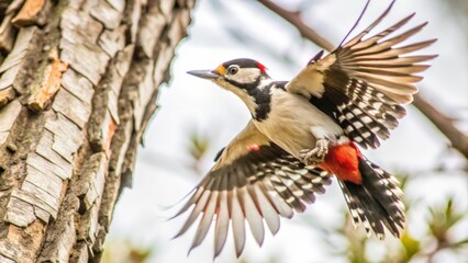 Great Spotted Woodpecker in Flight, Spreading Wings Against Tree Trunk
