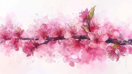 Watercolor painting of a blossoming branch with pink flowers and leaves.