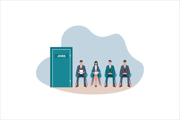 Illustration People Waiting Interview Sitting in Office Hall on Chairs. Worried Candidates Men and Women Searching Job. Vector illustration.