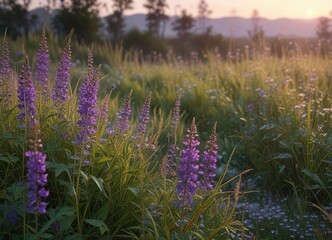 Obraz premium Dense purple wildflowers in tall grasses at dusk, evening atmosphere, blooming flowers, sunset meadow
