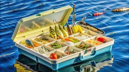 Obraz premium Fishing Tackle Box Floating on Water with Lures and Bait