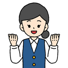 事務の女性がガッツポーズをしている