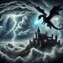 Stormy Castle and Majestic Black Dragon