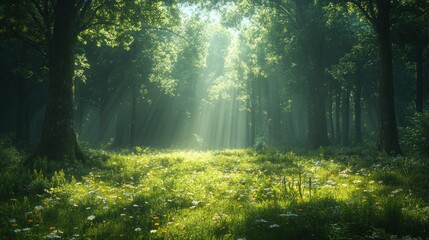 Obraz premium Sunlit forest clearing, wildflowers, green trees.