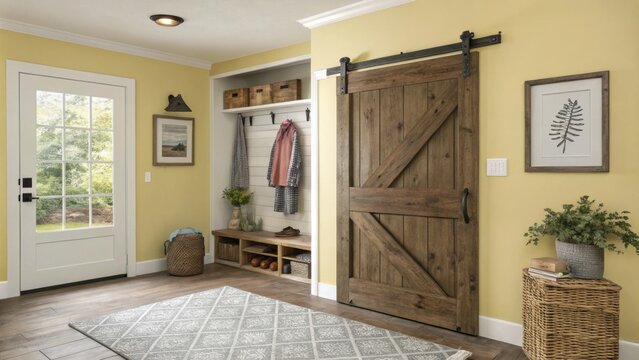 A sliding barnstyle door creates a rustic entryway into the closet allowing for both privacy and efficient use of space. The interior walls are painted a soft hue brightening the