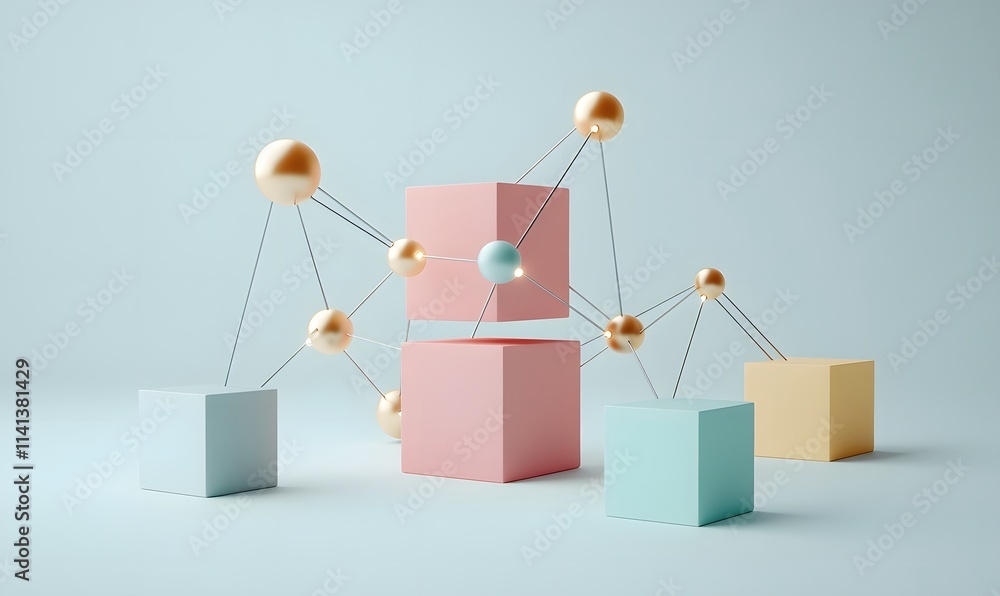 Poster abstract composition of cubes and spheres linked by lines on soft background.