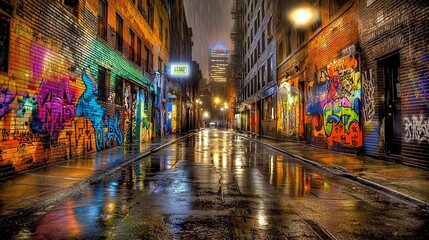 Vibrant Nighttime Alley with Colorful Graffiti Art and Wet Pavement Reflections