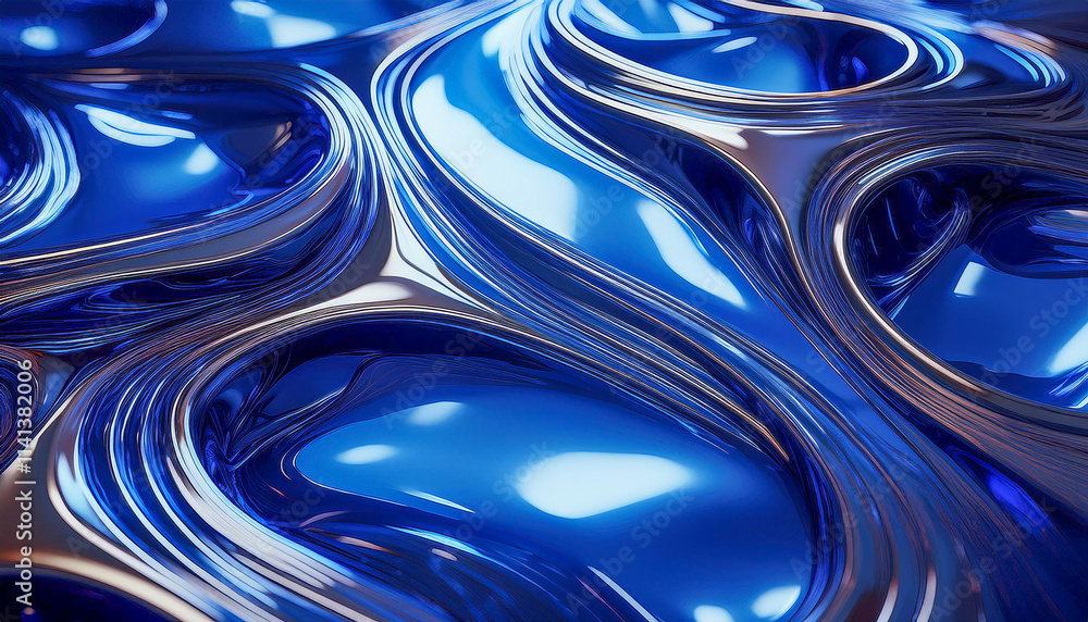Poster fluid shape abstract background and blue metallic reflections.generative ai