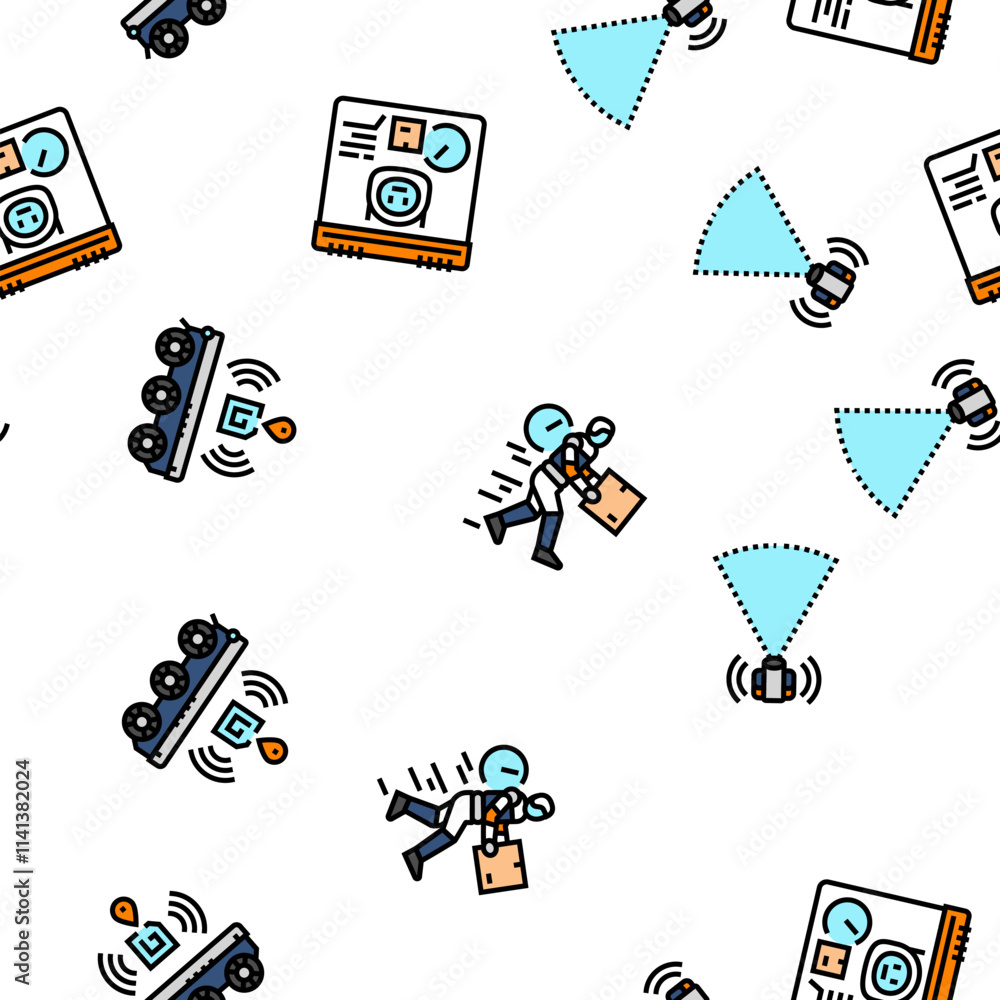 Poster delivery autonomous robot vector seamless pattern thin line illustration