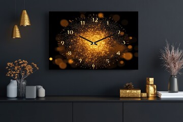 A modern clock design with a sleek metallic finish showing the time at 11:59, set against a vibrant display of golden fireworks and blurred festive lights.
