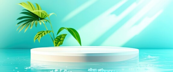 A photo of a white, round, floating platform in a shallow, turquoise pool of water. The background is a gradient of teal and turquoise, with sunlight streaming in from the left, casting shadows on the