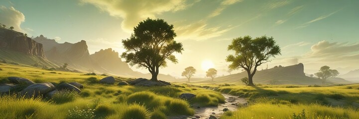 Obraz premium Ethereal landscape with soft yellow-green hues, abstract landscape, soft brushstrokes