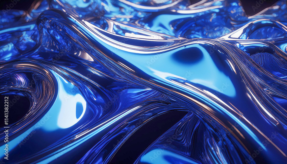 Poster fluid shape abstract background and blue metallic reflections.generative ai