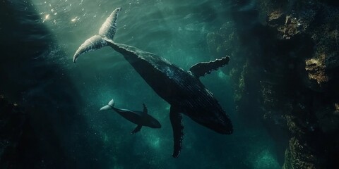 Fototapeta premium Majestic Humpback Whales Mother and Calf in Deep Ocean