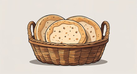 Pita Bread on basket cartoon illustration on plain white background