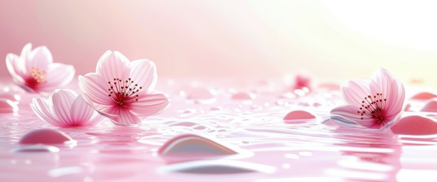A close-up photograph of a pink cherry blossom flower with a soft, glowing light in the background, creating a dreamy and ethereal atmosphere. The flower is in focus, with delicate petals and a centra