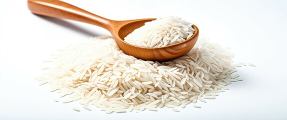 A wooden spoon filled with uncooked white rice, next to a large mound of rice, on a white background. The image is bright and well-lit, with a clean and minimalistic aesthetic. The rice is fluffy and 