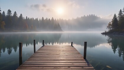 Fog rolling over a calm lake with wooden dock, still, roll