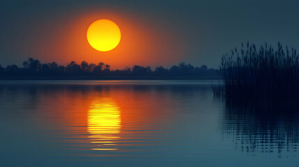 Fototapeta premium River Sunset Landscape Calm water reflects huge orange sun, silhouetted trees and reeds. Perfect for travel, nature, serenity themes.