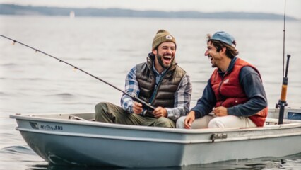 Two Men Laughing While Fishing in a Boat on a Lake