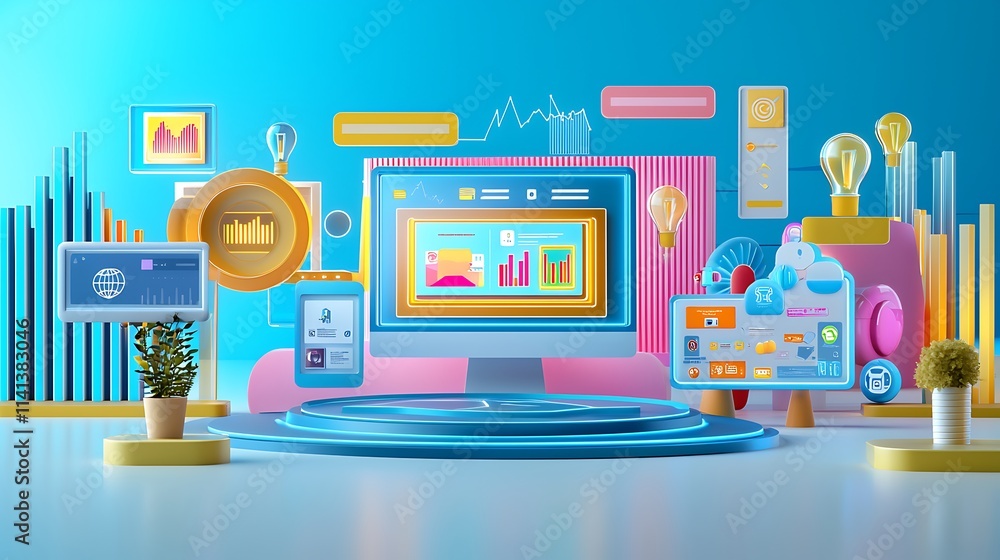 Leinwandbilder Colorful 3D render of a computer displaying data analytics surrounded by digital assets and charts.