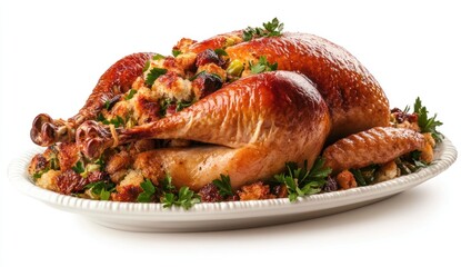 Roasted turkey with stuffing on white plate.