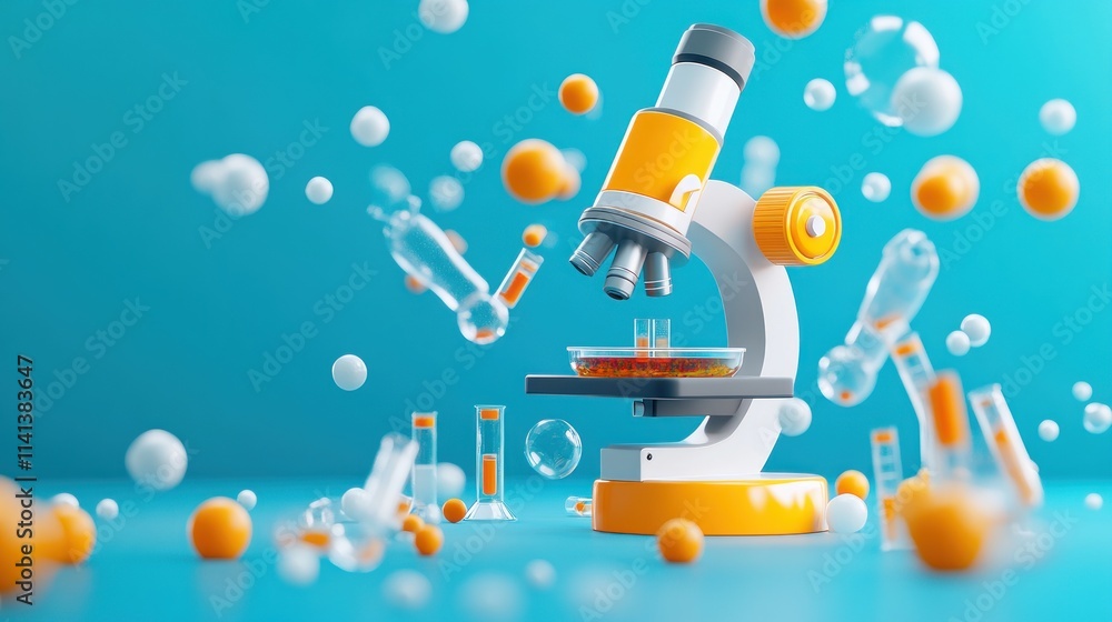 Poster microscope with floating labware on blue background.