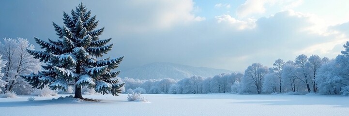 Frosty winter scene with a majestic pine tree, snow-covered trees, serene scenery