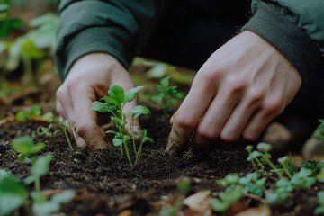 A person carefully planting a seedling into the ground, with small sprouting plants visible around, conveying the idea of nurturing new opportunities.