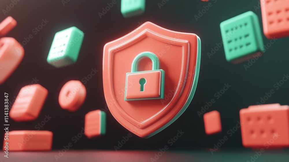 Poster 3d shield and lock for security and protection, with floating objects.