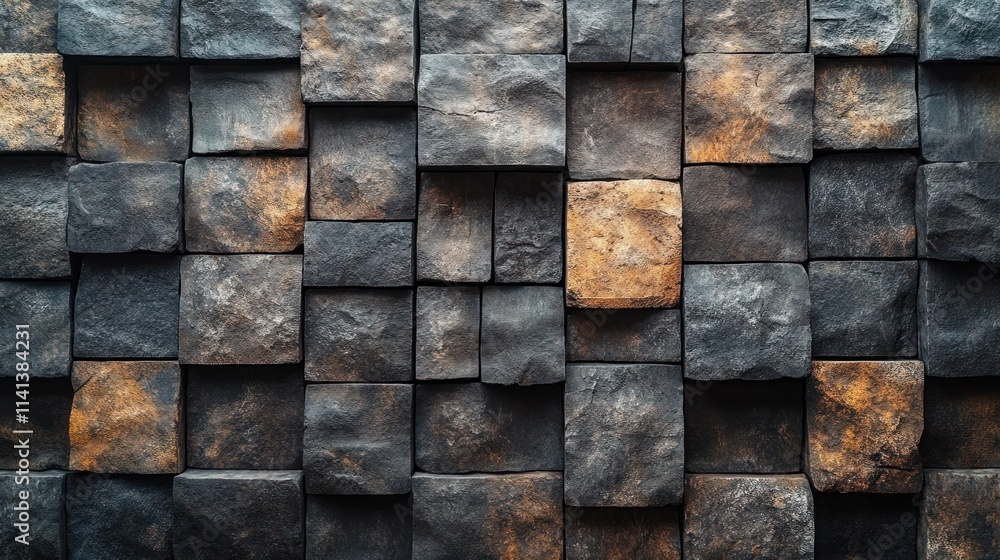 Poster a textured wall made of variously sized dark and light stones arranged in a grid pattern.