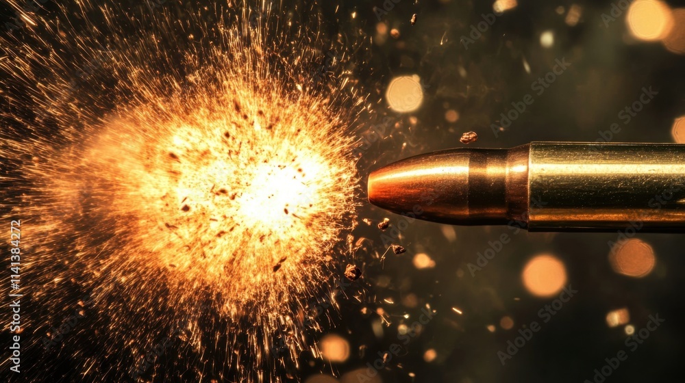 Poster fiery bullet in motion explosive projectile launch with sparks