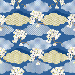 Fototapeta premium Japanese pattern collage. Textile patchwork design with floral and geometric elements. Traditional ethnic seamless background for fabric, greeting card, clothing, wrapping and embroidery.