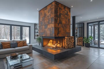Modern wood-burning fireplace in a large living room with white walls, black tile bottom, gray floor tiles, and rustic natural elements.