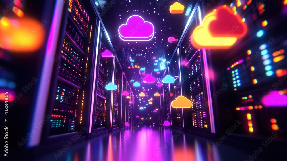 Poster data center with cloud icons and servers on both sides.