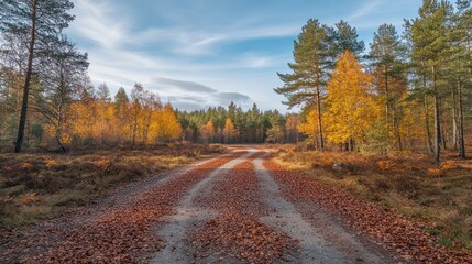 Autumnal Forest Road with Golden Leaves