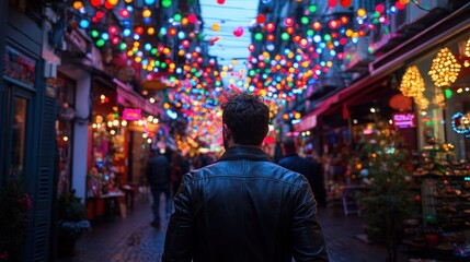 Fototapeta premium Man walks down vibrant, festive, decorated street.