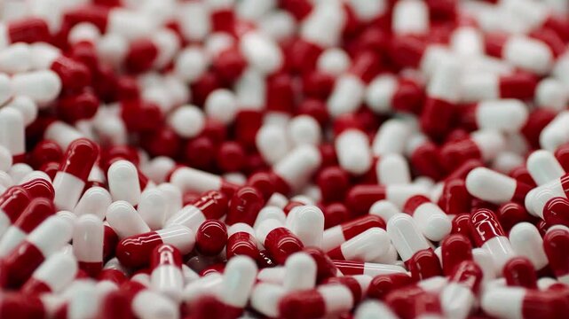 High-quality footage of pharmaceutical production with automated machinery and red-and-white capsules. Ideal for themes of industrial automation, medicine manufacturing, healthcare production, and pha