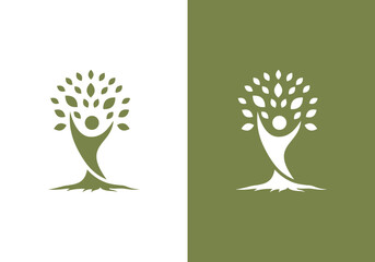 line art nature logo vector design of tree and man or person inside circle, abstract tree logo symbol inside circle	