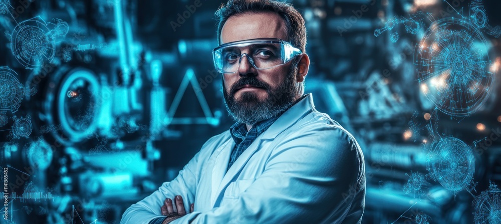 Poster scientist in lab with augmented reality overlay.
