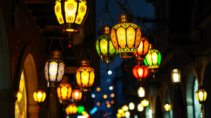 Hanging colorful lanterns glowing warmly in a traditional Arabian street during a festive Ramadan night.