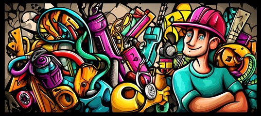 Obraz premium Cartoon man smiles amidst colorful construction tools.