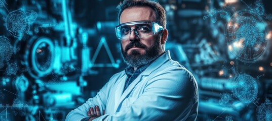 Scientist in lab with augmented reality overlay.