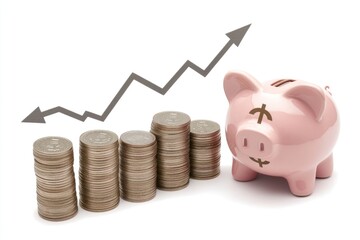 A pink piggy bank with a euro symbol on its side, next to a series of coin stacks arranged like a growth chart with arrows pointing upward.