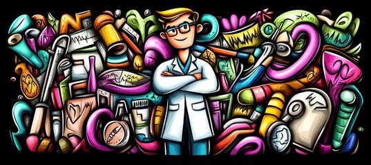 Obraz premium Doctor doodle art with medical supplies.