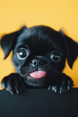 Adorable Black Pug Puppy with Playful Expression and Bright Background